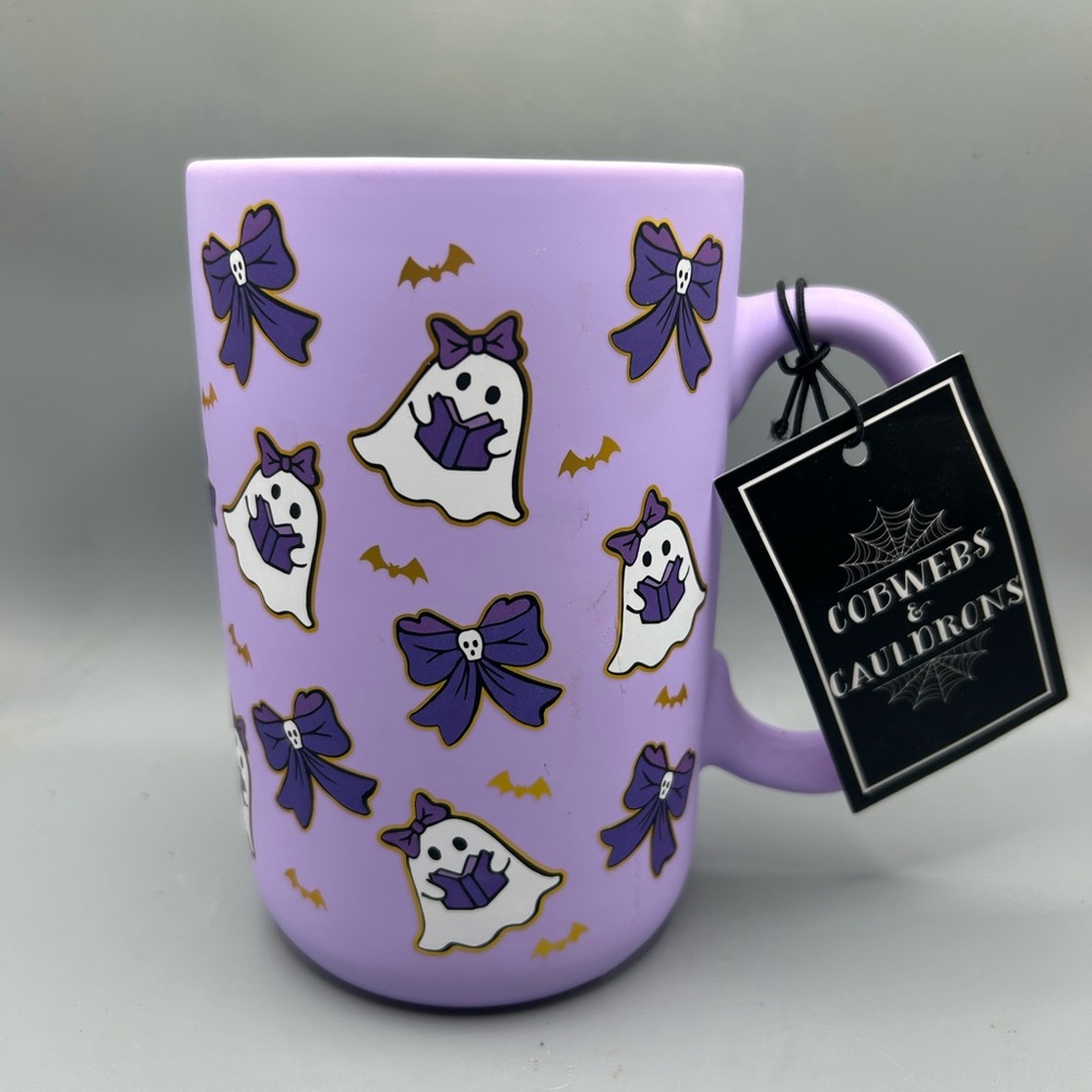 Cobwebs And Cauldrons Ghost With Book And Bow Tall Mug Skulls Purple Soft NEW